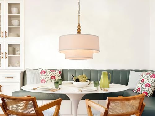 Shrine Lighting White Double Drum Chandelier, Dining Room Design, Drum Pendant Lights for Dining Room, D20'' x H10'', Adjustable Chains 55'', E12*4 Sockets, White Linen Fabric Lampshade & Gold Rod - color: Gold Rod&White Double D20''