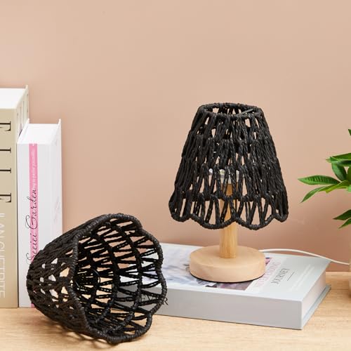Glooglitter Small Clip-on Chandelier Rattan Lamps Set Shade Scalloped Lampshade 3"top x 6"bottom x 5-1/4"slant Height Empire Lamp Shade Chandelier or Accent Lamp(V Paper Rope,Black,2 Pcs) - color: Black, size: V Paper Rope