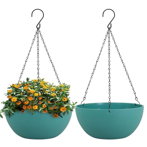 WSMKSZ 10 inch Hanging Planters for Outdoor Indoor Plants with Drainage Holes and Chain, 2 Pack Round Hanging Flower Pots for Garden Home Porch Decor, Blue Green - color: Blue-green, size: 10inch 2pcs