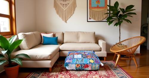 CRAFT KALA Indian Square Patchwork Traditional Pouf Cover Indian Living Room Poufs Decorative Embroidered Designer Ottoman Home Living Footstool Chair Cover Decor Pillow Cover 18x18x5 inches, Sky Blue - color: Sky Blue, size: 18"D x 18"W x 5"H