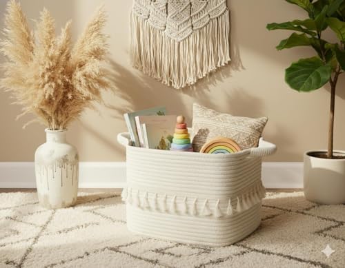 TeoKJ White Cotton Rope Baskets for Storage, Set of 3 Woven Clothes Basket for Organizing and Storage, Blanket Basket for Living Room Laundry Bathroom Shelves - color: White, size: 3 Pack