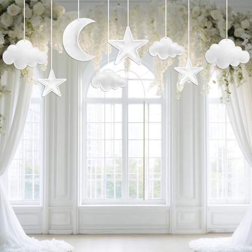 Ayfjovs 8pcs 3D Hanging Cloud Set with Moon and Stars for Ceiling Decor, Felt Artificial Ceiling Clouds for Art Stage Wedding Nursery Children Room Party Baby Shower Cloud Props - style: Puffy Cloud Moon Star-8pcs