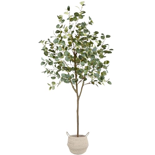 Warmplants Artificial Eucalyptus Tree, 6ft Tall Fake Eucalyptus Plant with Basket, Green Silver Dollars Silk Leaves Faux Tree for Home Office Livingroom Floor Decor Indoor - size: 6ft