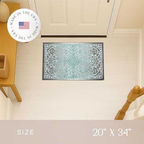 Maples Rugs Pelham Vintage Medallion Area Rugs - Made in USA - Washable, Non-Slip, Low Profile Indoor Rug for Entryway, Foyer, Kitchen, and Bathroom, 1'8 x 2'10, Blue/Grey - color: Grey/Blue, size: 1'8" x 2'10" (Rectangular)