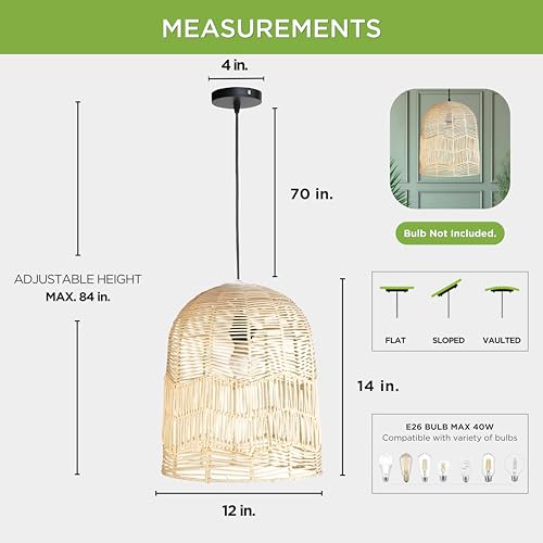 FOREVER BAMBOO Indonesian Natural Rattan Pendant Light Shade Handcrafted Wicker Light Fixtures Luxurious Basket Woven Lampshade Chandelier Interior Decor, Bell Shape 14 in H x 12 in W - style: Lombok Bell