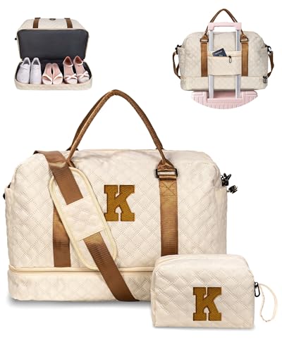 Birthday Gift for Women-Duffle Bag with Shoe Compartment, Personalized Gift-Weekender Bag for Women，Overnight Bag with Wet Pocket,Girls Travel Bag with Makeup Bag Gifts for Grandma (Letter K) - color: Beige, style: K