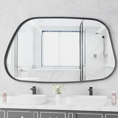 Irregular Wall Mirror 55"x28" Bathroom Mirrors Asymmetrical Artistic Decorative for Living Room Bedroom Bathroom Hallway Entryway,Trapezoid,Black - color: Black, size: 55"L x 28"W