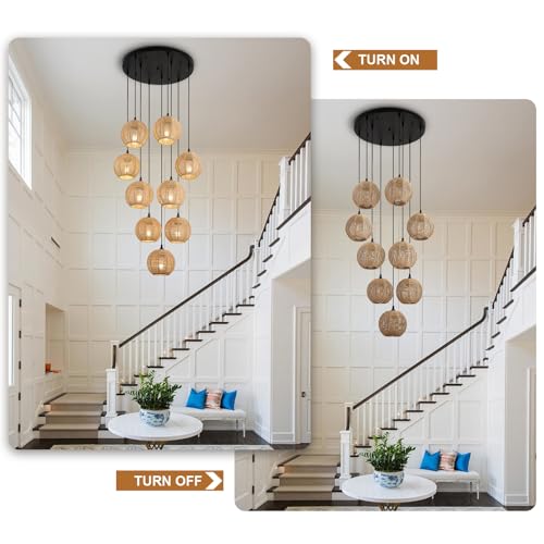 Round 9 Light Boho Pendant Light Rattan Hanging Lamp Hand Woven Wicker Small Chandelier Hanging Lights Fixture for Bedroom Kitchen Hallway Foyer - size: Round 9 Lights