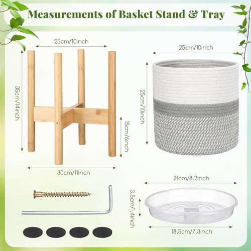 Plant Basket with Stand Indoor Planter Pot Holder Sturdy Jute Rope Modern Woven Basket, Cotton Rope Woven Pot with Bamboo Stand(10 Inch,White and Gray) - color: White and Gray, size: 10 Inch