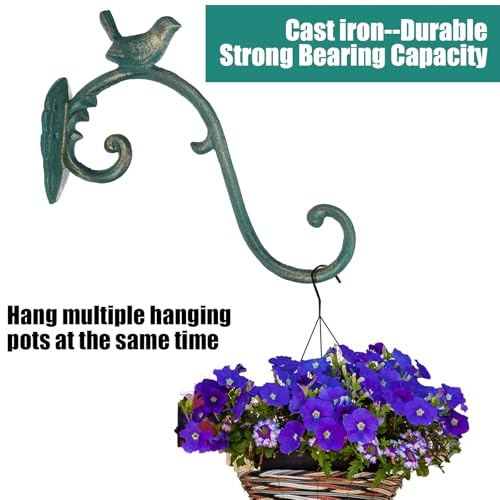 Moxweyeni 2 Pcs Cast Iron Plant Hangers Outdoor 10" Heavy Duty Hanging Basket Brackets Lovely Bird Shape Decorative Wall Hangers for Flower Pots Bird Feeder Wind Chime Lantern(Golden Green) - color: Golden Green