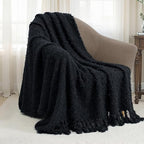 Knit Throw Blanket Fluffy Fuzzy Soft Lightweight Cozy Farmhouse Tassels Chunky Knitted Throws for Couch Sofa Bed (Black, 50"x60") - color: Black, size: 50"x60"