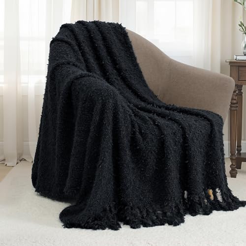 Knit Throw Blanket Fluffy Fuzzy Soft Lightweight Cozy Farmhouse Tassels Chunky Knitted Throws for Couch Sofa Bed (Black, 50"x60") - color: Black, size: 50"x60"