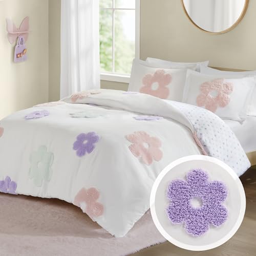 Intelligent Design Kids Full Duvet Cover Set for Girls, Tufted Chenille Floral Duvet Set Queen, Lightweight Polka Dot Reversible Bedding Cover, Gracie, Full/Queen White/Purple 4 Piece - color: White/Purple, size: Full/ Queen