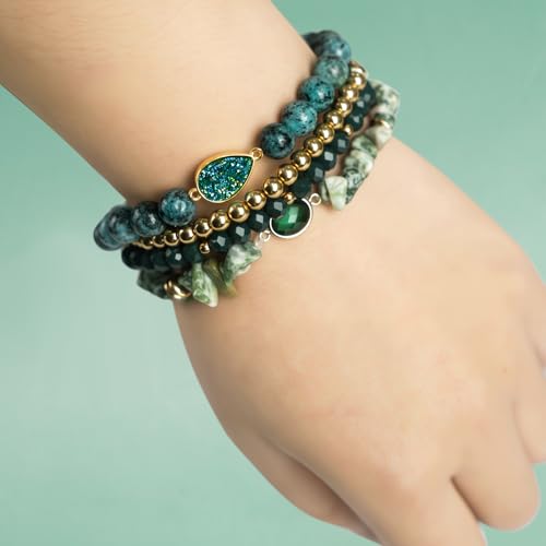Bohemian Natural Stone Beaded Bracelets for Women Men Stackable Stretch Beads Bracelet Set with Charm and Tassel Multilayered Elastic Gemstone Bracelets Summer Beach Boho Jewelry Gift for Women - color: African Turquoise Green