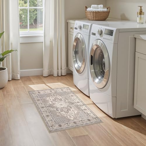 Tortania Area Rug 2x3 Doormat - Washable Vintage Oriental Farmhouse Soft Thin Indoor Carpet for Living Room Bedroom Hallway Entryway Kitchen - Taupe Brown - color: Taupe Brown, size: 2' x 3' (Rectangular)