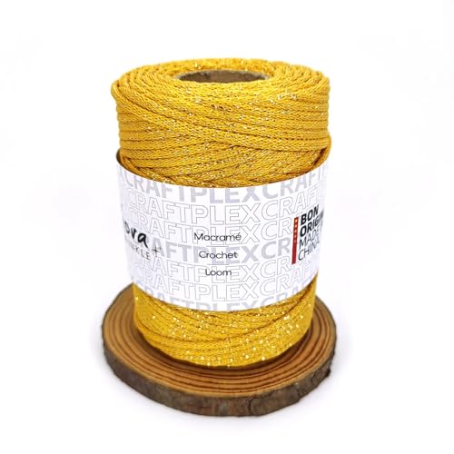 3mm Sparkle Polyester Macramé Cord - 150g/66yds Metallic Glitter Braided Cord for Crocheting Bags, Baskets, Macramé Plant Hangers & DIY Crafts, Machine Washable (7#Yellow Gold) - color: 7#yellow Gold