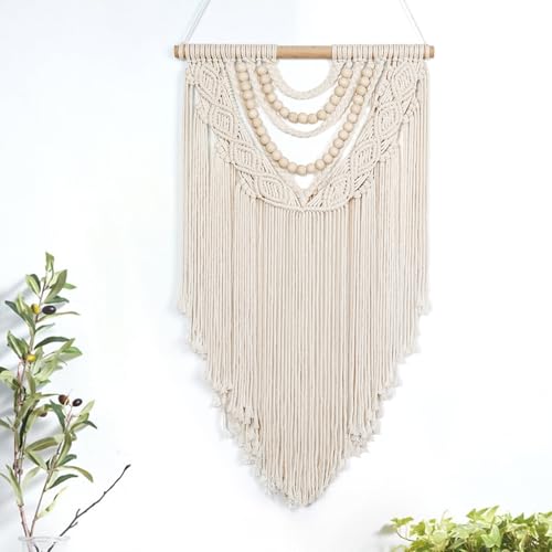 LOMOHOO Macrame Wall Hanging Boho Handmade Geometric Woven Tapestry Bohemian Wall Art Decor with Chic Wooden Beads Home Decor for Bedroom Living Room Apartment Dorm Gallery Wedding 16.5"x30" - color: Beige