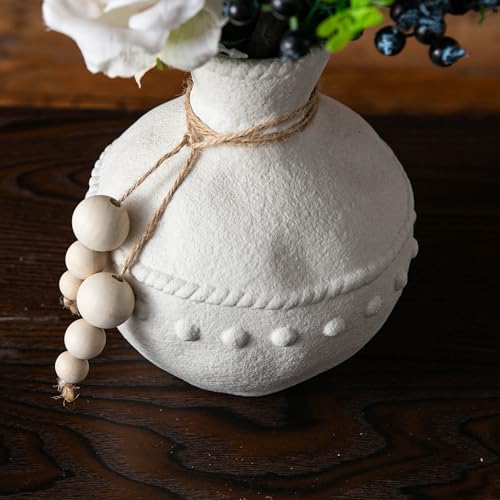 Mowtanco Rustic Ceramic Vase with Boho Wooden Beads, Matte Decorative Pottery for Modern Farmhouse and Bohemian Decor, Floral Arrangements, Living Room, Dining Table Centerpieces - color: White - Large