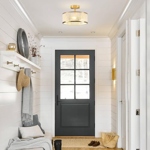 Modern Semi Flush Mount Ceiling Light, 3 Light Gold Ceiling Light with Rope Shade, Drum Light Fixture for Kitchen Bedroom Dining Room Hallway Entryway - color: Gold