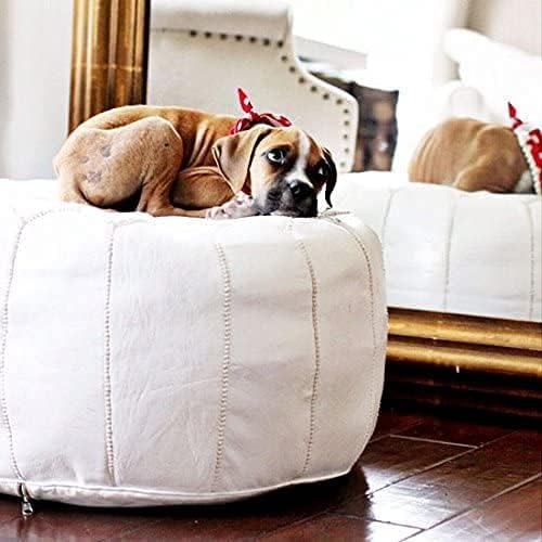 ARTOUARZAZATE Premium Moroccan Leather Pouf Cover - Round & Large Ottoman Footstool Cover with Embroidery - Cover ONLY - Perfect for The Living Room Bedroom, Kids Room, Gift & Wedding (White)