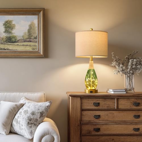 OYEARS 23" Table Lamps Set of 2,Farmhouse Lamps with Glass Nightlight, Bedside Lamps for Living Room, Rattan Lamps for Bedroom Nightstands, Two Light Points - color: Yellow Green