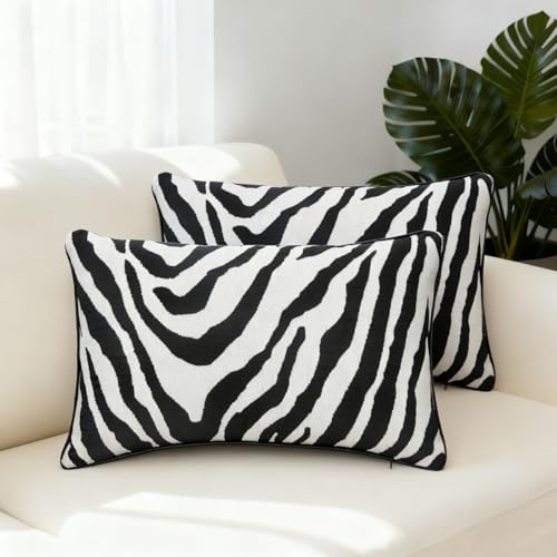 Mantle & Mason Modern Minimalist Lumbar Throw Pillow Cover 12x20 Set of 2 Decorative Couch Pillow Case Sofa Bed Chair Living Room Chenille Jacquard Zebra Print Home Decor Pillowcase Black White - color: Zebra Black White, size: 20" x 12" (Pack of 2)