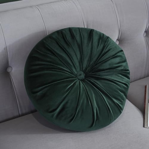 Round Throw Pillow, 13.7” Solid Color Decorative Round Dutch Velvet Floor Pillows Pleated Round Throw Pillow Floor Cushion Pillows for Sofa Couch Chair Bed Living Room, Dark Green - color: Dark Green