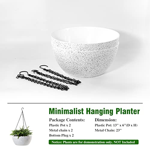 WOUSIWER 13 inch 2Pack Large Hanging Planters for Outdoor Indoor Plants with Drainage Holes and Chain, Round Hanging Flower Pots for Garden Home Porch Decor, White Speckles - color: White Speckles