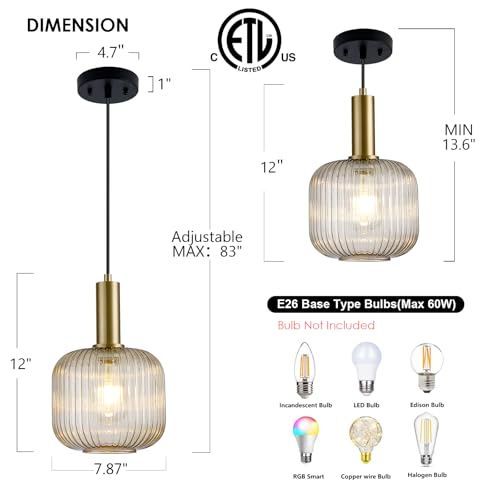 8 Inch Amber Glass Pendant Lights Small Modern Chandelier Pendant Lighting Mid Century Hanging Lights Adjustable Kitchen Island Light for Dining Room Bedroom Hallway - color: 8 Inch Amber