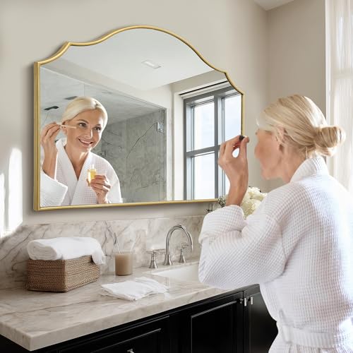 Besdomus Gold Scalloped Wall Mirror: 40"x29" Large Modern Minimalist Bathroom Mirror - Decorative Vanity Arched for Dresser/Entryway/Fireplace/Mantle/Living Room - Home Decor for Housewife - color: Gold Leaf, size: 29"L x 40"W