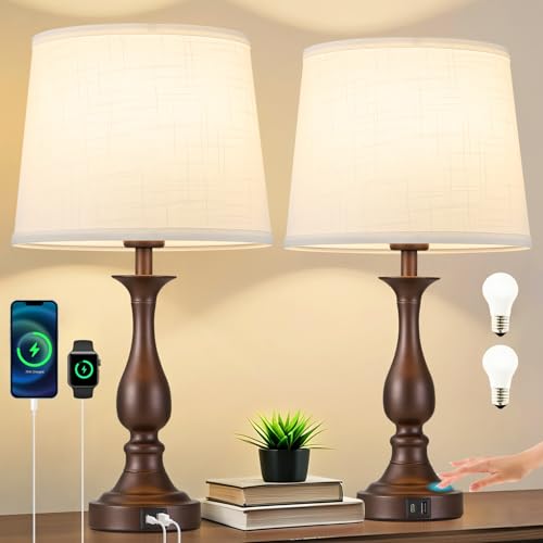 Bedside Table Lamp Touch Control Bedroom Lamps with USB A + C Charging Port 3 Way Dimmable Touch Lamps for Nightstand Living Room Bedroom Dorm Home Office Reading, Set of 2 (White Shade & Brown Base) - color: White Shade & Brown Base