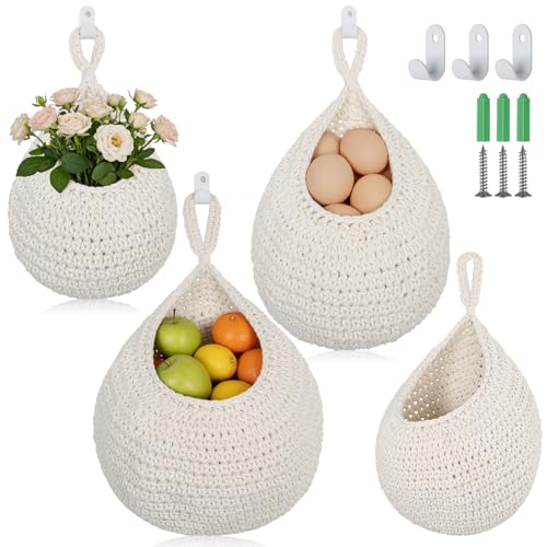 3 Pack Boho Decor Hanging Fruit Baskets with Hooks, Hand-woven Cotton Wall Storage Baskets for Fruit Vegetable Flower 3 Sizes, Hanging Holder Teardrop Produce Basket for Kitchen Organization, Beige - color: Beige, size: 3 Pack