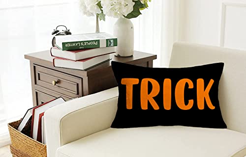 Halloween Lumbar Pillow Covers 12x20 Inch Black Orange Halloween Trick Quotes Throw Pillow Cases Autumn Farmhouse Decorations Cushion Cover Cotton Linen - color: Trick