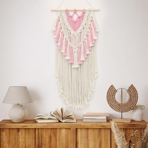 LB Pink Macrame Wall Hanging, Handmade Woven Tapestry Wall Hanging Modern Pink and Beige Wall Decor for Living Room Bohemian Macrame Wall Art for Office Apartment Bedroom Backdrop,15.7" W x 30.7" L - color: Beige