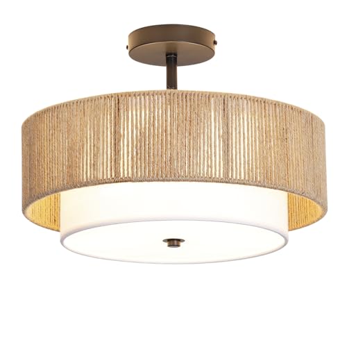 Bohemian Semi-Recessed Pendant Light Wicker Ceiling Lamp 16-Inch Farmhouse-Style Pendant with Natural Hemp Rope Fabric Shade Suitable for Dining Room/Living Room/Bedroom/Kitchen - color: 16'' Hemp rope&Fabric Gold