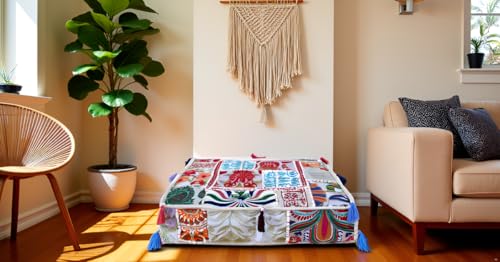 CRAFT KALA Indian Square Patchwork Traditional Pouf Cover Indian Living Room Poufs Decorative Embroidered Designer Ottoman Home Living Footstool Chair Cover Decor Pillow Cover 18x18x5 inches Off White - color: Off White, size: 18"D x 18"W x 5"H