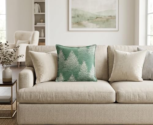 SanVia Cotton Throw Pillow Covers 20x20 – Handwoven Jacquard Texture, Fade-Resistant, No Pilling – Hidden Zipper, Decorative Cushion Cover for Sofa, Couch, Bed – Insert Not Included (Floral, Green) - color: Moss & Snow, size: 20" x 20"
