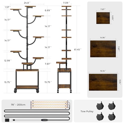 Plant Stand Indoor with Grow Lights - 9-Tier Plant Stand with Wheels, Tall Metal and Wood Indoor Plant Shelf with Tree Design, Rolling Flower Pot Holder Rack with Waterproof Finish, Adjustable Display Stand for Home Garden, Patio, 62" Tall - size: 62in