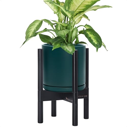 D'vine Dev Ceramic Planter with Ebony Stand - 8 Inch Modern Round Flower Pot with Wood Planter Holder, Teal, 55-B-M-4 - color: Teal Pot + Ebony Stand, size: 8 Inch