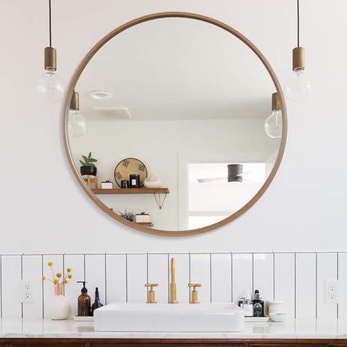 WallBeyond Round Wood Mirror, 36" Round Modern Decoration Large Circle Wall Mirror for Bathroom Living Room Bedroom Entryway, Honey - color: Honey, size: 36"L x 36"W