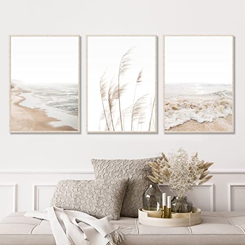 Joocrise Beach Wall Art Boho Prints Coastal Canvas Wall Art Beach Pictures Pampas Grass Ocean Poster Plant Landscape Scene Artwork for Living Room Bedroom Decor 24x36 Inch Unframed Set of 3 - color: Beach Art Prints, size: 24x36 Inch Unframed