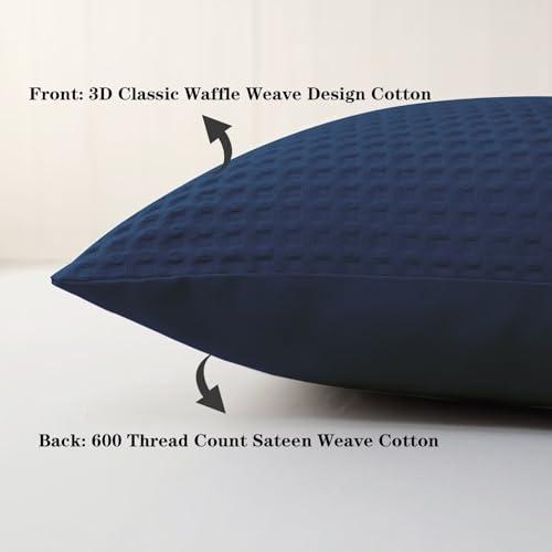 100% Cotton Waffle Weave Throw Pillow Covers Set of 2, 600TC Solid Reverse Side, Hidden Zipper Closure, Skin-Friendly & Durable Decorative Euro Shams for Couch Sofa Bed, Navy Blue, 20"x20" - color: Navy Blue, size: 20" x 20" (Pack of 2)
