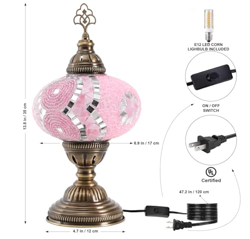 Turkish Mosaic Table Lamp with Bulb – Handmade Pink Stained Glass Light, Vintage Bohemian Decorative Bedside Lamp with US Plug & E12 Socket - color: Pink