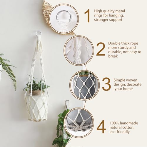 Artilady Macrame Plant Hanger Large Hanging Planter for Indoor Plants Holder White Cotton Rope Hanging Plant Basket Handmade Outdoor Window Boho Plant Wall Decor (White Macrame-2pcs) - color: White Macrame-2pcs