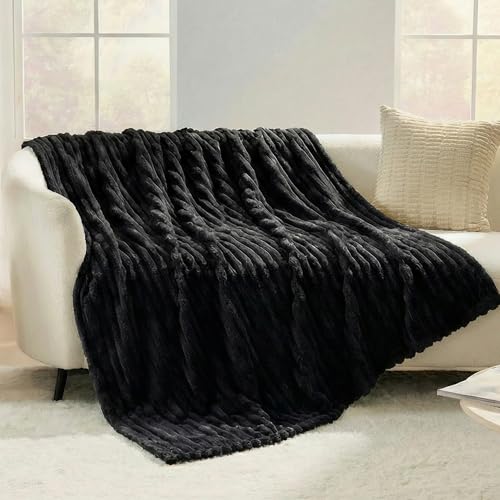 Black Striped Throw Blanket, 330GSM Soft Plush Fleece Blanket for Couch Sofa Travel, Decorative Cozy Giftable Home Blanket, 50x60 Inches - color: Black, size: Throw(50"x60")