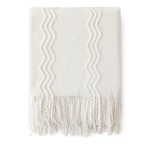MIULEE Off White Knitted Throw Blanket for Couch Textured Knit Blanket with Tassels Cozy Woven Boho Bed Blanket for Sofa Bed Chair Acrylic Wave Pattern 50"x60" - color: Off White, size: 50" x 60"