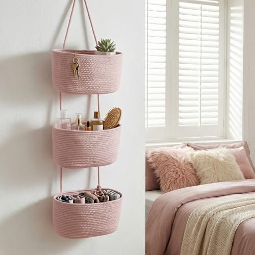 Pink 3-Tier Woven Cotton Rope Hanging Basket, Over the Door Organizer, Adjustable Detachable Wall Basket with Metal & Adhesive Hooks, No Drilling for Girls Room, Bedroom & Dresser Storage - style: Pink