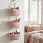 Pink 3-Tier Woven Cotton Rope Hanging Basket, Over the Door Organizer, Adjustable Detachable Wall Basket with Metal & Adhesive Hooks, No Drilling for Girls Room, Bedroom & Dresser Storage - style: Pink