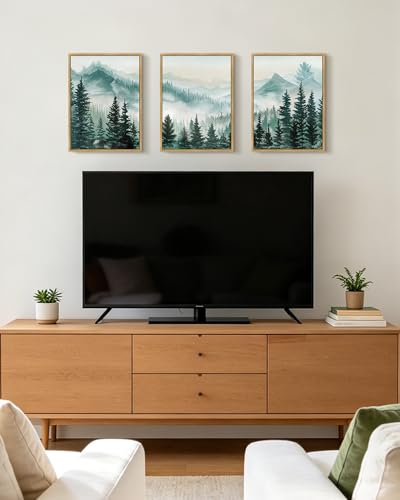KUVIOKE Fog Pine Tree Mountain Landscape Framed Wall Art Watercolor Nature Misty Forest Painting Vintage Farmhouse Rustic Wall Decor for Bedroom Hallway 11x14in (Natural Framed) - color: Forest and Mouontain, size: 11 x 14in x 3 Panels Natural