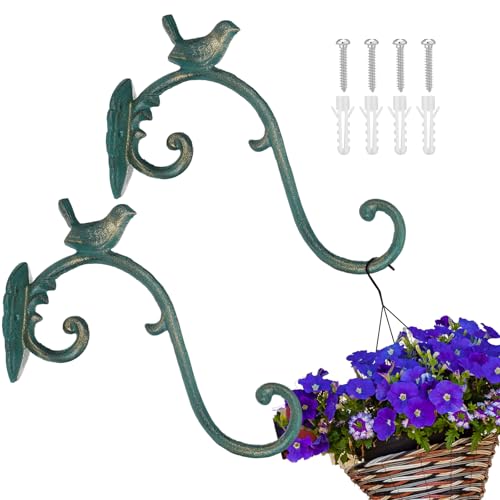 Moxweyeni 2 Pcs Cast Iron Plant Hangers Outdoor 10" Heavy Duty Hanging Basket Brackets Lovely Bird Shape Decorative Wall Hangers for Flower Pots Bird Feeder Wind Chime Lantern(Golden Green) - color: Golden Green